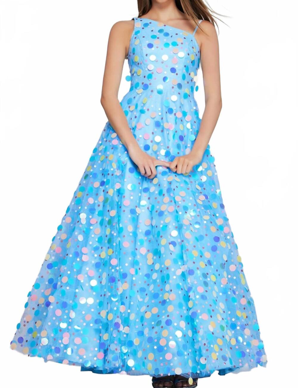 NEW JOVANI polka dot tulle gown in blue multi
